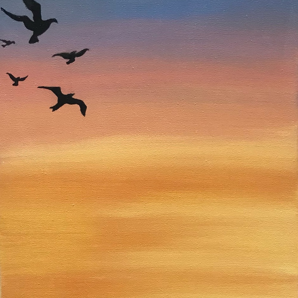 Sunset landscape painting birds painting
